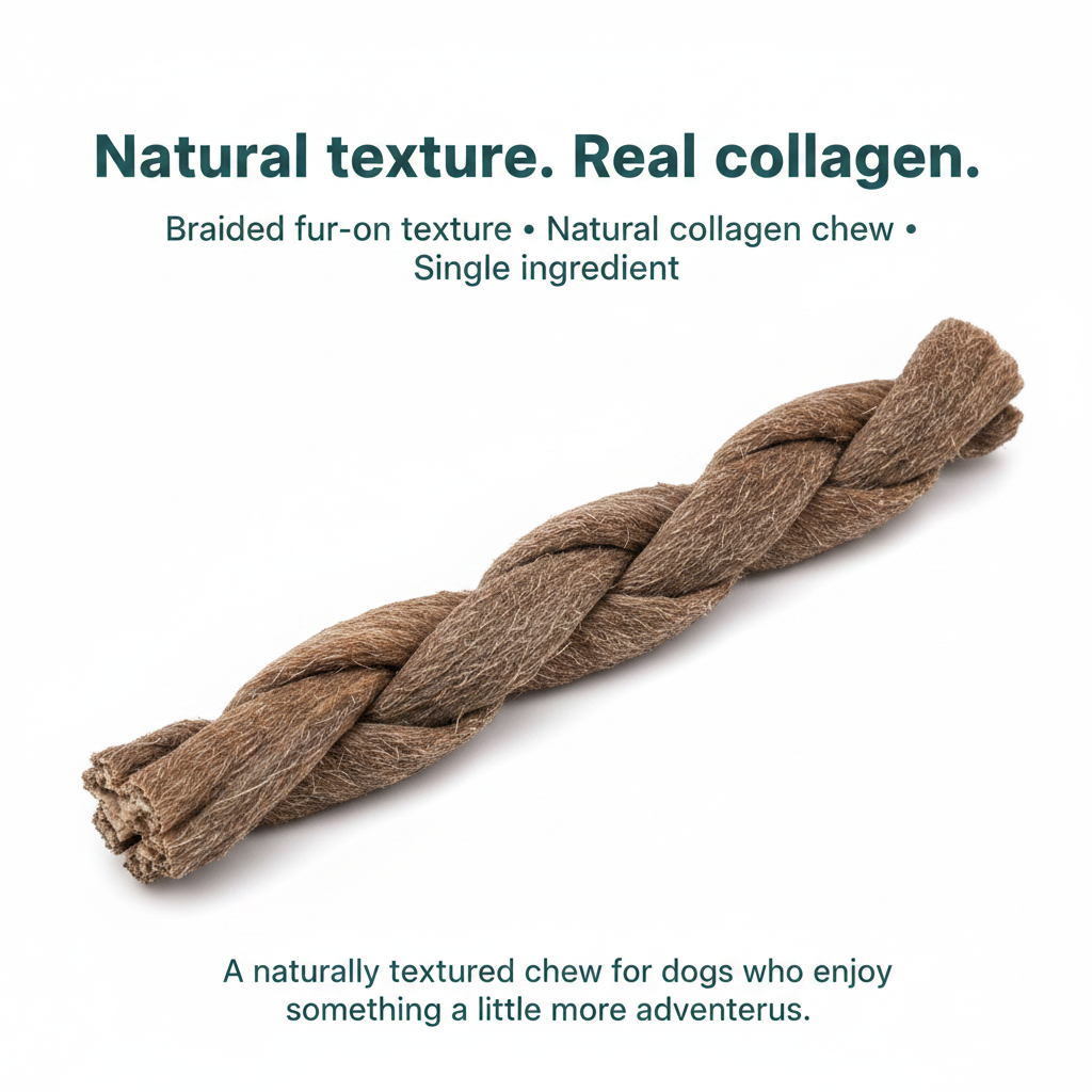 Royful Beef Fur Collagen Braided texture detail natural fur-on collagen dog chew